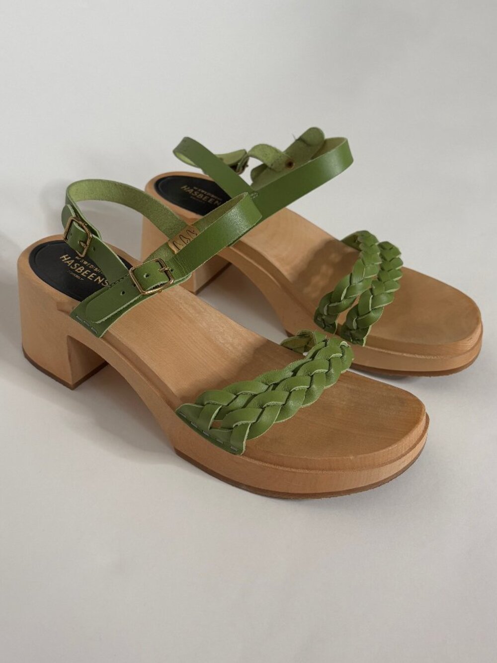 Swedish Hasbeens 60's Tanja Chunky braided strappy wooden platform clog sandals